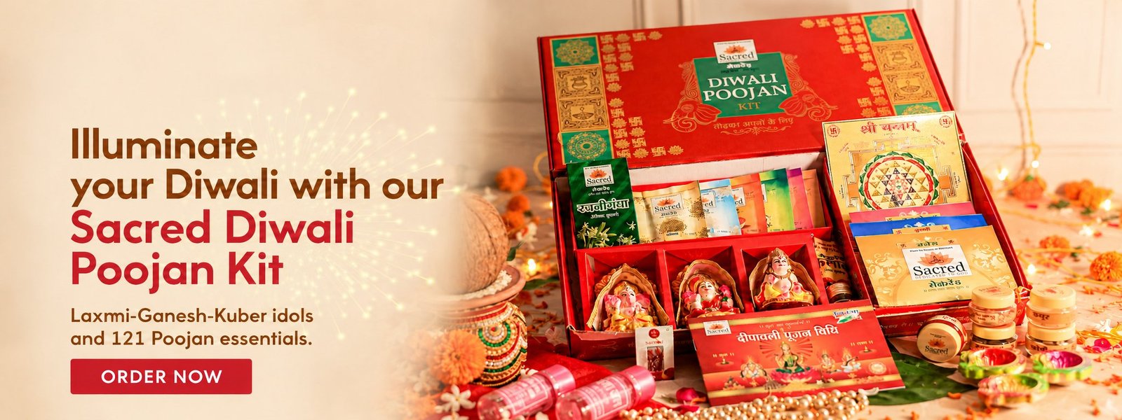 Sacred Diwali Poojan Kit with Laxmi-Ganesh-Kuber idols and 121 poojan essentials
