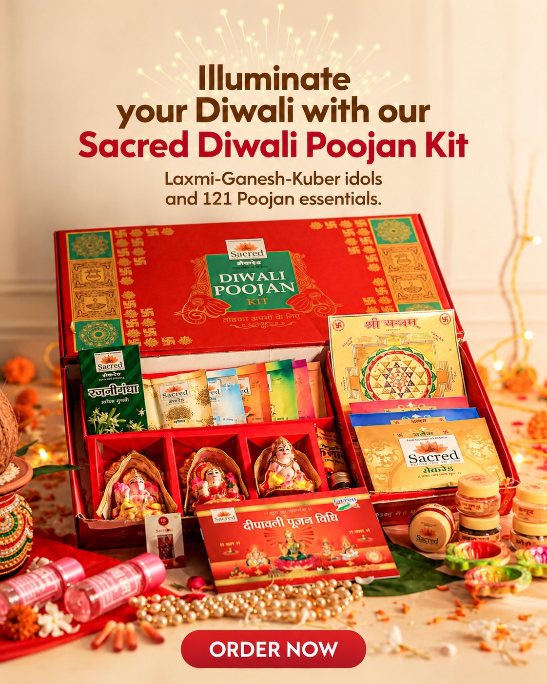 Sacred Diwali Poojan Kit with Laxmi-Ganesh-Kuber idols and 121 poojan essentials