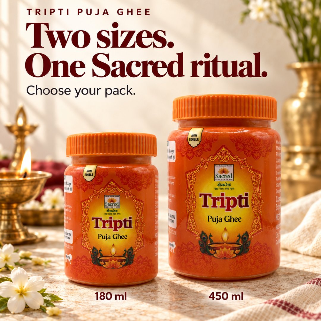 Tripti Puja Ghee available in two sizes, 180 ml and 450 ml